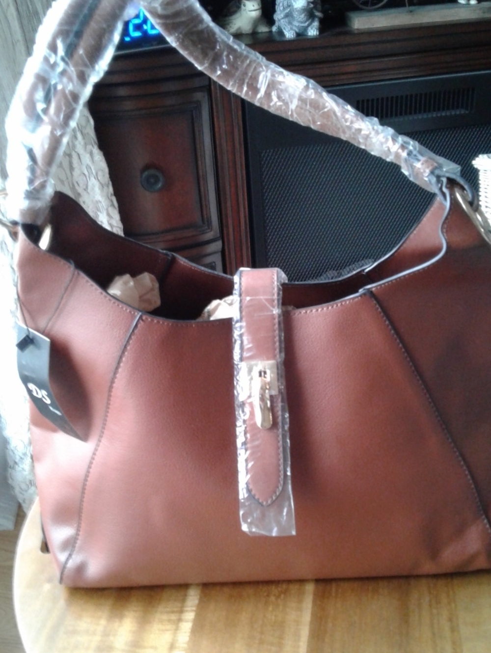 Structured Brown Shoulder Bag with Gold-Tone Accent